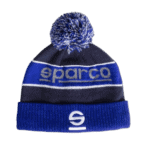 Sparco branded racing beanie hat with pom-pom, in blue and black colours, designed for motorsport enthusiasts.