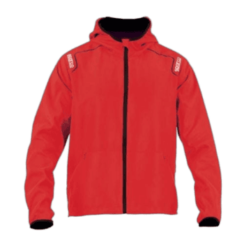 Red Grand Prix Racewear racing jacket with black accents and sponsor logos, designed for motorsport safety and performance.