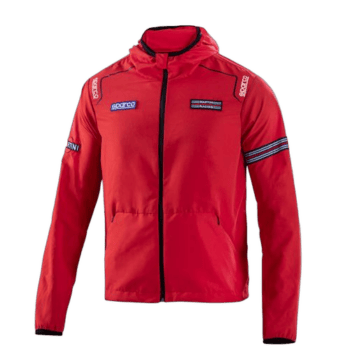 Red Grand Prix Racewear jacket with sponsor logos, designed for motorsport safety and performance.