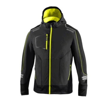 Grand Prix Racewear black and neon yellow racing jacket with hood, designed for motorsport enthusiasts and professionals.