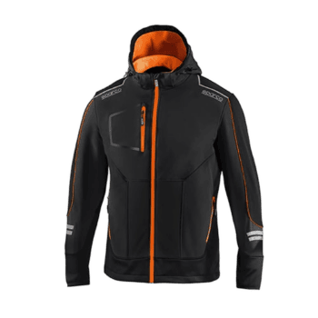 Black and orange Grand Prix Racewear hoodie with protective design and branding, suitable for motorsport enthusiasts and racers.