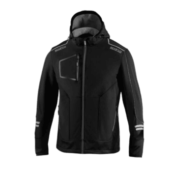 Black Grand Prix Racewear jacket with protective padding and reflective details, designed for motorsport safety and performance.