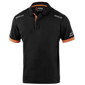 Black Sparco racing polo shirt with orange accents and logo details, designed for motorsport enthusiasts and racewear.