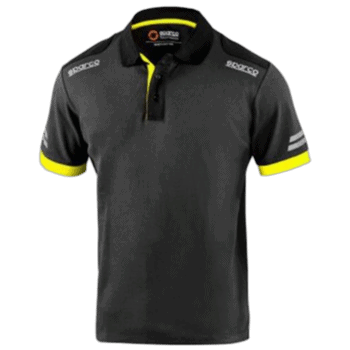 Grand Prix Racewear black and yellow racing polo shirt with sponsor logos, designed for motorsport enthusiasts and professionals.