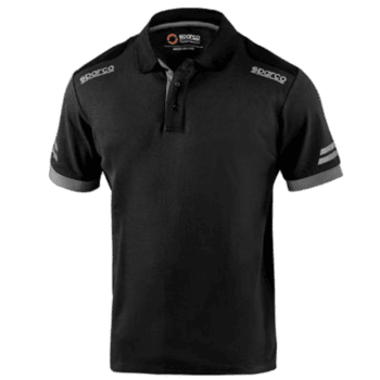 Black Sparco racing polo shirt with logo details, ideal for motorsport enthusiasts and racewear fans.