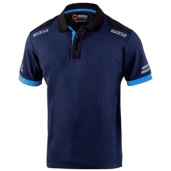 Grand Prix Racewear polo shirt in navy blue with sponsor logos, designed for motorsport enthusiasts and professionals.