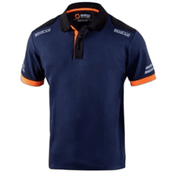 Grand Prix Racewear polo shirt in navy blue with black collar and orange accents, featuring sponsor logos for motorsport enthusiasts.