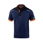 Grand Prix Racewear polo shirt in navy with orange accents and branding, designed for motorsport enthusiasts and professionals.