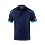 Grand Prix Racewear polo shirt in navy blue with blue accents and branding details, designed for motorsport enthusiasts and professionals.