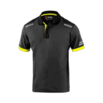 Grand Prix Racewear black polo shirt with yellow accents and sponsor logos, designed for motorsport enthusiasts and professionals.