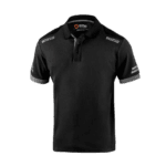 Black Sparco racing polo shirt with grey accents and logo details, ideal for motorsport enthusiasts and racewear fans.