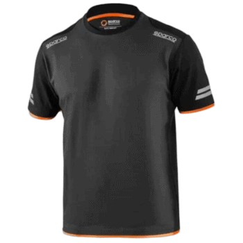 Black Grand Prix Racewear T-shirt with orange and white accents, featuring Sparco branding on shoulders and collar.