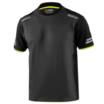 Black Grand Prix Racewear racing T-shirt with Sparco branding and neon yellow accents on sleeves and collar.