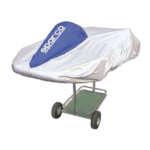 Sparco kart cover protecting a go-kart from weather elements, featuring the Sparco logo in blue and white.