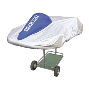 Sparco kart cover protecting a go-kart from weather elements, featuring the Sparco logo in blue and white.