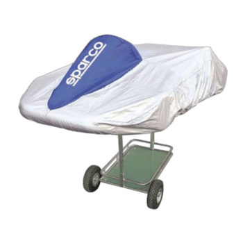 Sparco kart cover protecting a go-kart from weather elements, featuring the Sparco logo in blue and white.