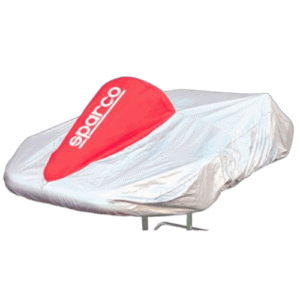 Grand Prix Racewear branded car cover in white with red logo, protecting a racing vehicle.