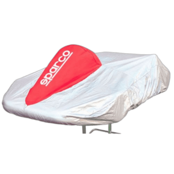 Grand Prix Racewear branded car cover in white with red logo, protecting a racing vehicle.