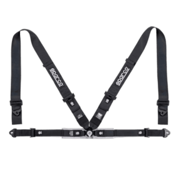 Black racing harness with adjustable straps and quick-release buckle, designed for motorsport safety and performance.