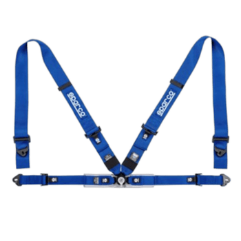 Blue Grand Prix Racewear harness with adjustable straps and quick-release buckle for motorsport safety.