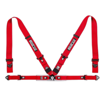 Red Grand Prix Racewear harness with black and white branding, designed for motorsport safety and performance.