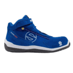 Blue Grand Prix Racewear racing shoe with high ankle support and racing branding for motorsport enthusiasts.
