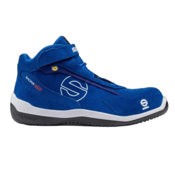 Blue Grand Prix Racewear racing shoe with high ankle support and racing branding for motorsport enthusiasts.