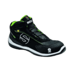 High-performance racing shoe from Grand Prix Racewear with black, green, and white design, featuring the Sparco logo and advanced safety features for motorsport.