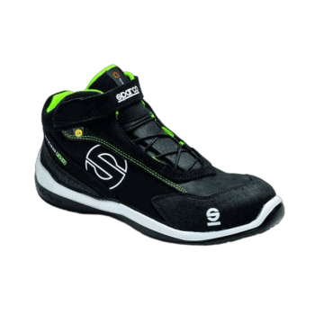 High-performance racing shoe from Grand Prix Racewear with black, green, and white design, featuring the Sparco logo and advanced safety features for motorsport.