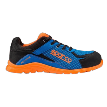 Sparco racing shoe in blue, black, and orange with breathable mesh and durable sole for motorsport safety and performance.
