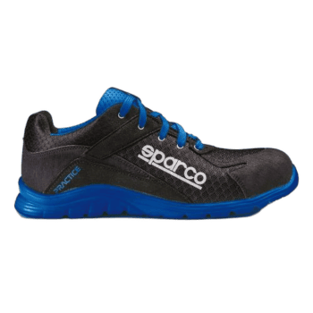 Sparco racing shoe in black with blue accents, designed for motorsport safety and performance, featuring durable materials and a comfortable fit.