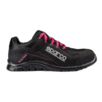 Black Sparco racing shoe with pink laces and logo, designed for motorsport safety and performance.