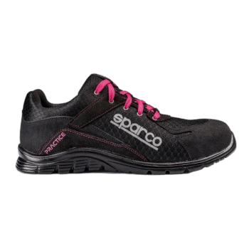 Black Sparco racing shoe with pink laces and logo, designed for motorsport safety and performance.
