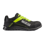 Black and neon yellow Sparco racing shoe with breathable mesh and durable sole, designed for motorsport safety and performance.