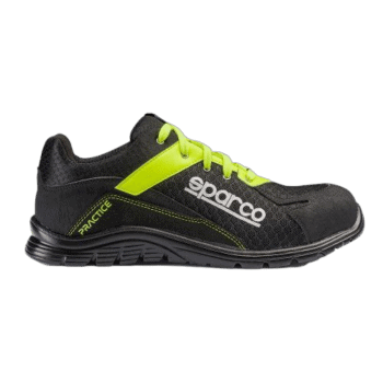 Black and neon yellow Sparco racing shoe with breathable mesh and durable sole, designed for motorsport safety and performance.