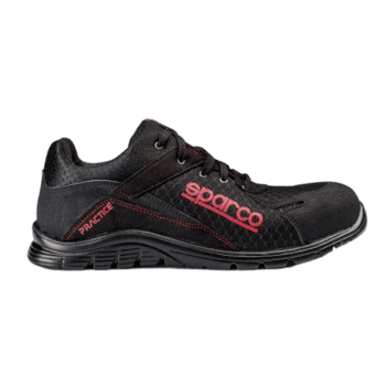 Black Sparco racing shoe with red logo and practical design for motorsport safety and performance.