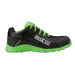Black and neon green Sparco racing shoe with breathable mesh and cushioned sole, designed for motorsport safety and performance.