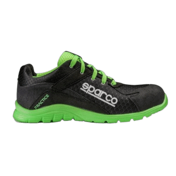 Black and neon green Sparco racing shoe with breathable mesh and cushioned sole, designed for motorsport safety and performance.