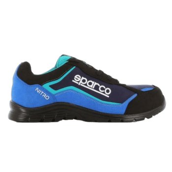 Sparco NITRO racing shoe in black and blue with white logo, designed for motorsport safety and performance.