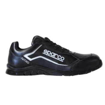 Black Sparco Nitro racing shoe with white logo and design, suitable for motorsport safety and performance.