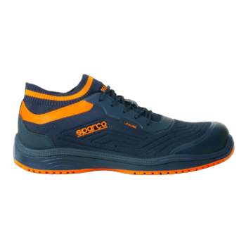 Sparco racing shoe in navy blue with orange accents, designed for motorsport safety and performance.