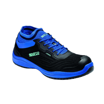 Blue and black Sparco racing shoe designed for motorsport safety and performance, featuring durable materials and a high-traction sole.