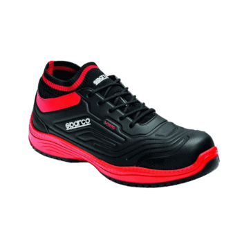 Black and red Sparco racing shoe with high grip sole, designed for motorsport safety and performance.
