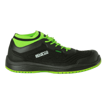 Sparco Legend racing shoe in black with neon green accents, designed for motorsport safety and performance.