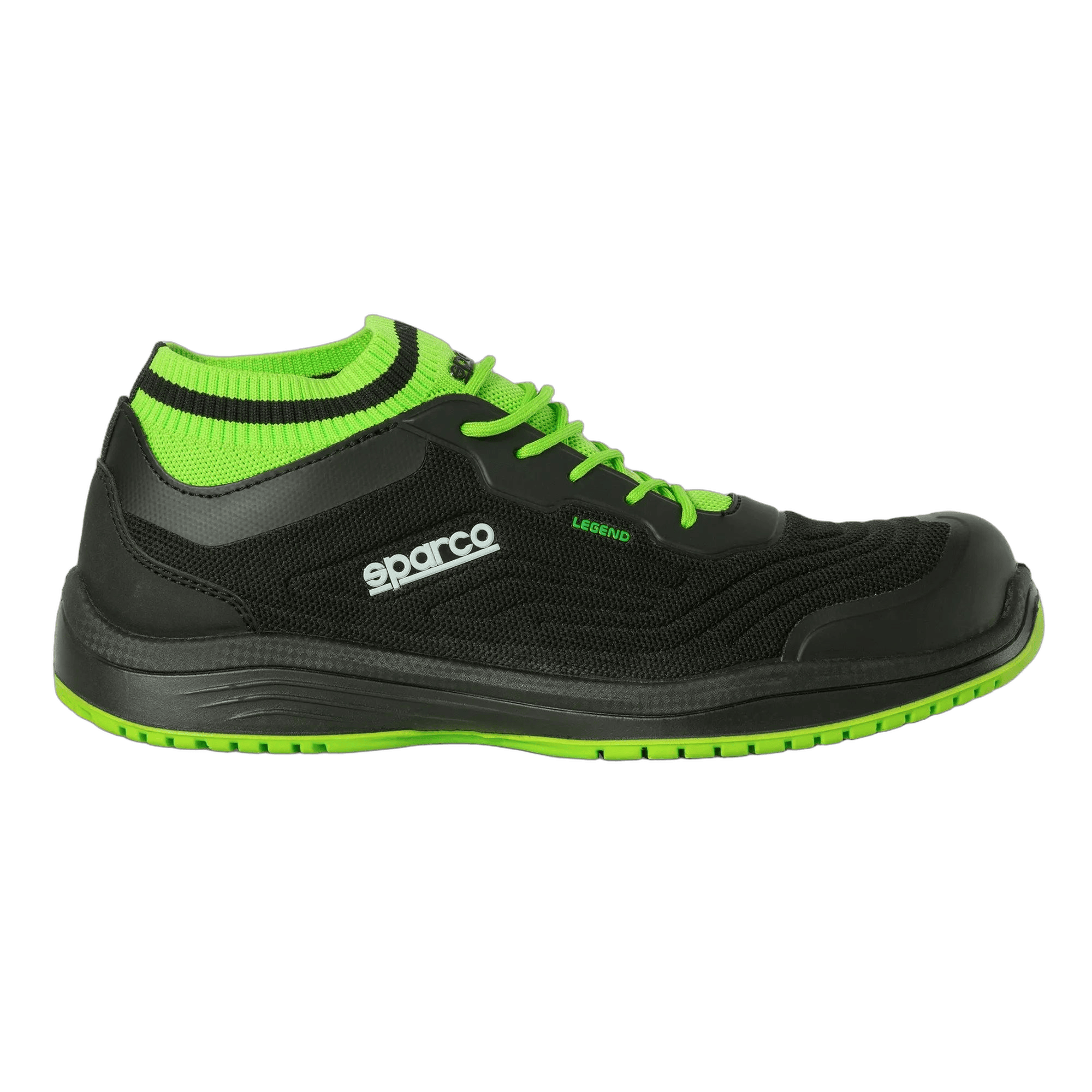 Sparco Legend racing shoe in black with neon green accents, designed for motorsport safety and performance.