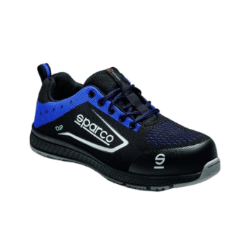Black and blue Sparco racing shoe with breathable mesh and durable sole, designed for motorsport safety and performance.