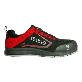 Sparco racing shoe in black and red with GP branding, designed for motorsport safety and performance.