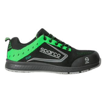 Black and green Sparco racing shoe with laces, designed for motorsport safety and performance.