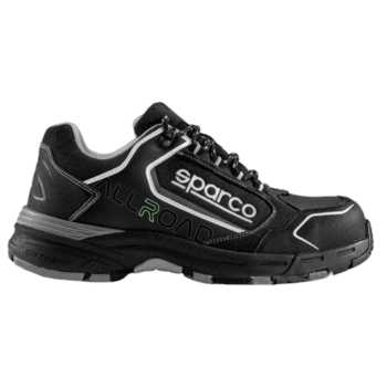 Black Sparco All Road racing shoe with white accents, designed for motorsport safety and performance.