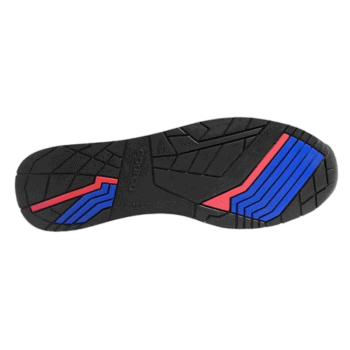 Close-up of a racing shoe sole with black, red, and blue rubber grip patterns for motorsport safety and performance.